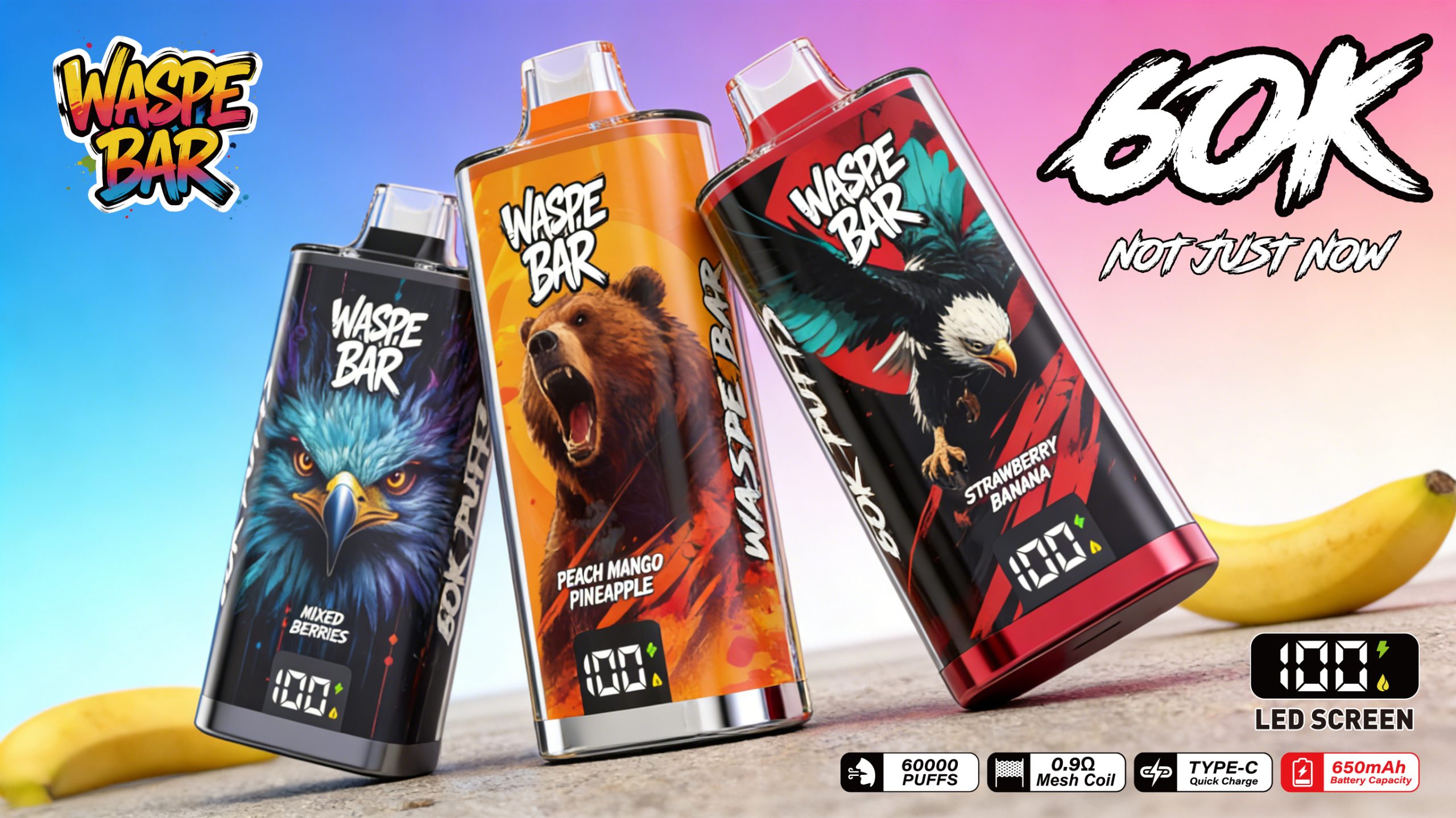 waspe bar 60000 puffs led screen disposable vape