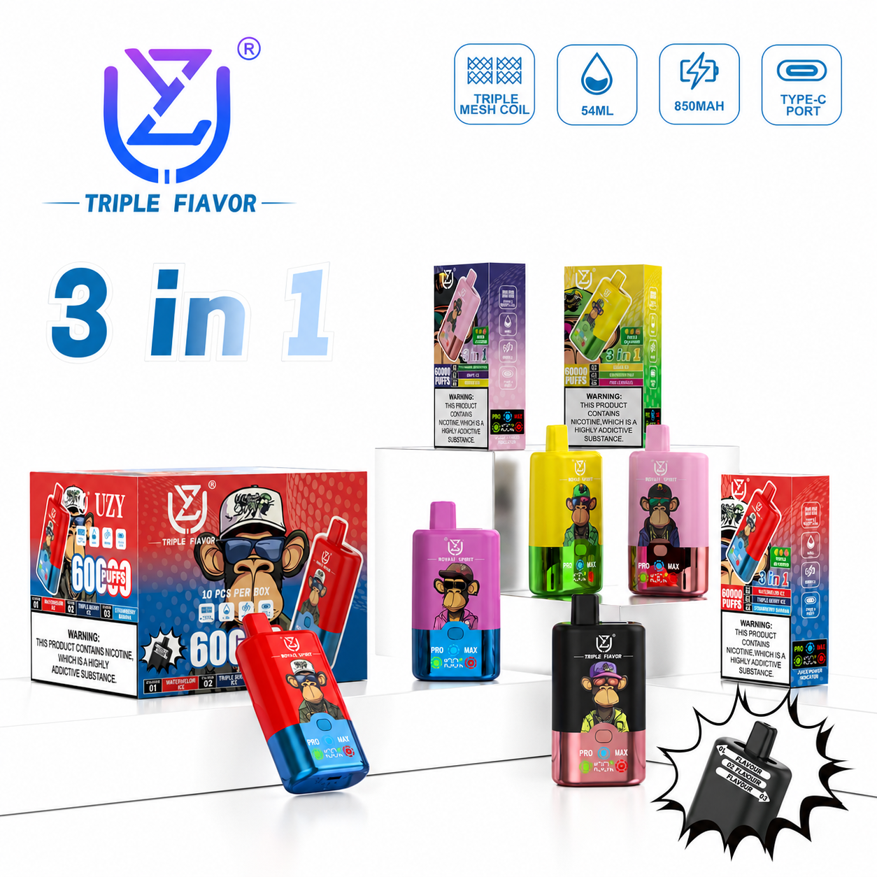 UZY Triple 60000 Puffs Rechargeable Disposable Vape
